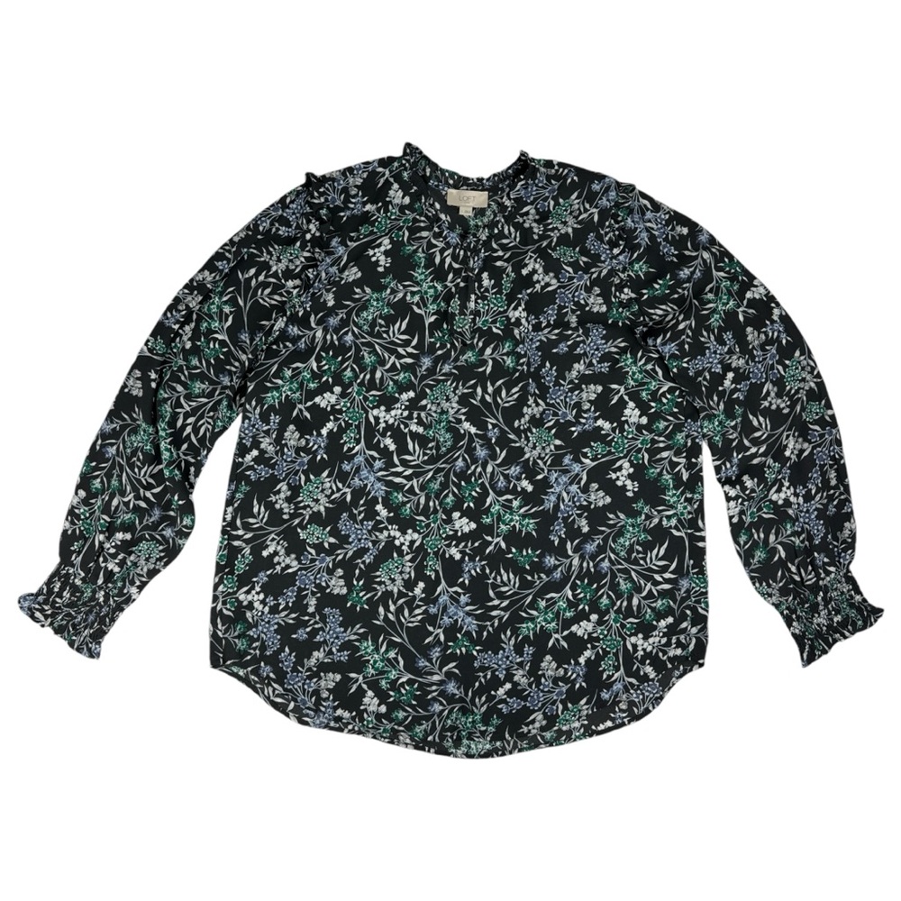 Loft Outlet Large Top‎ Blouse Floral Print Ruffle Trim Ruched Long Sleeve V-Neck